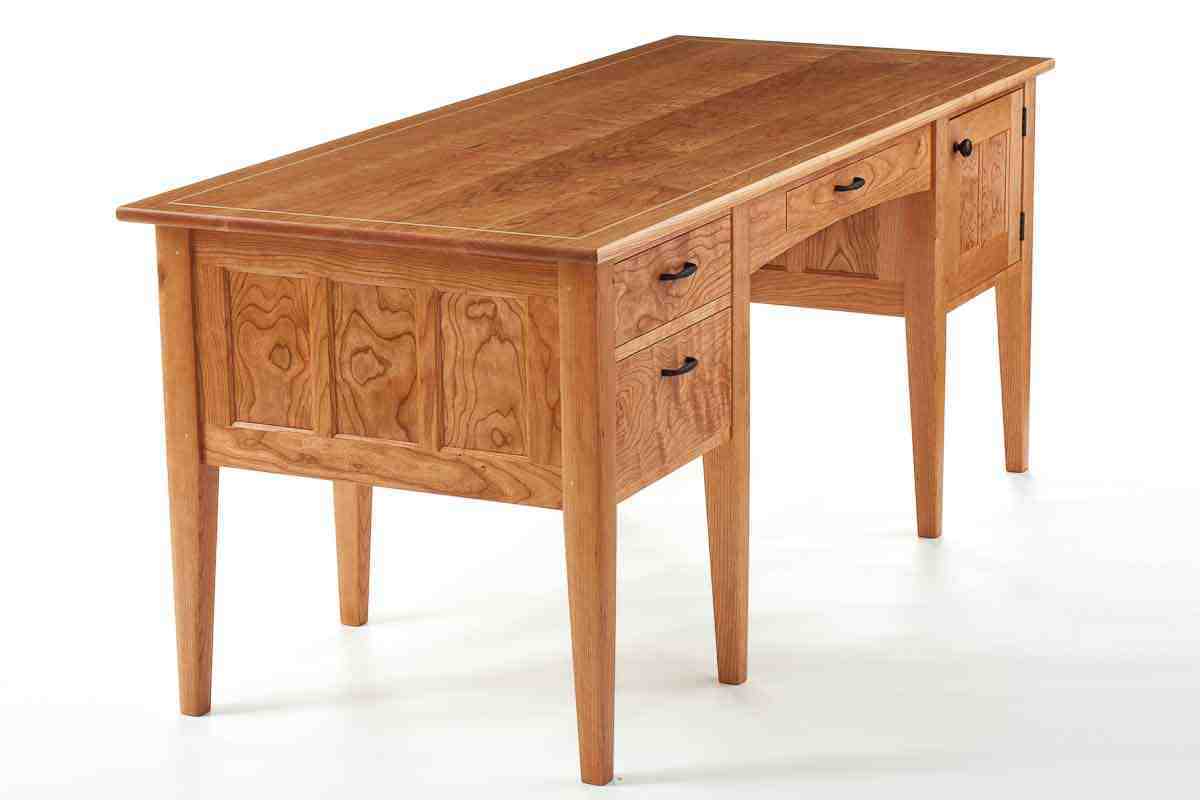 cherry office desk front quarter view in the studio