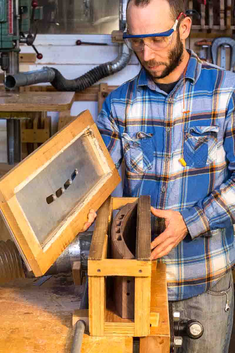​Aaron routing mortises in rocking chair crest