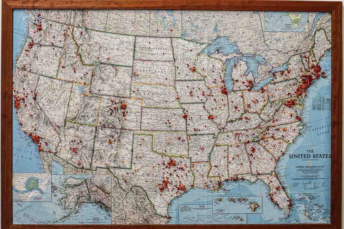 US map with pins to mark locations of patrons