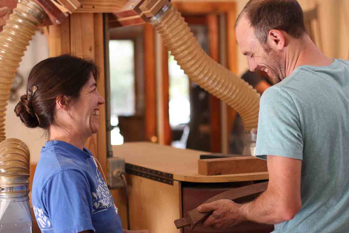 Audra and Austin at the chair back sander