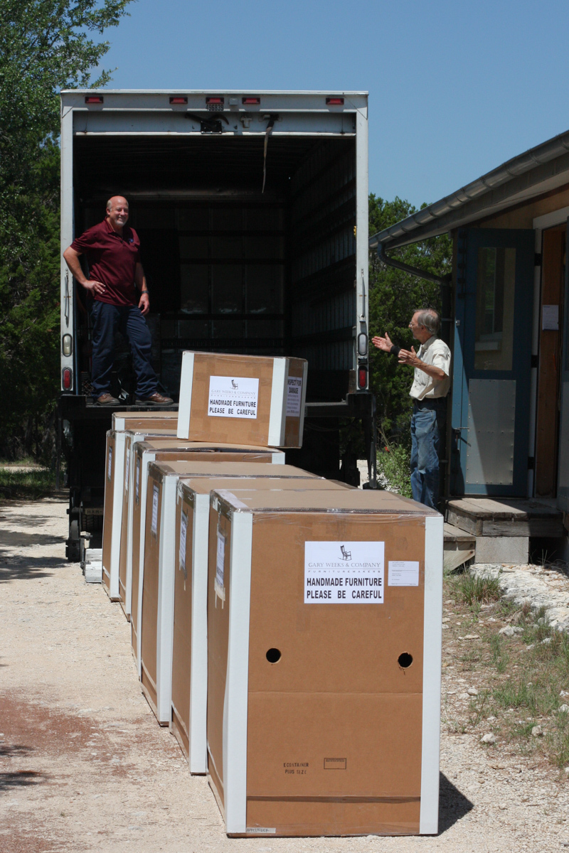 Crated rocking chairs ready to be loaded on the truck
