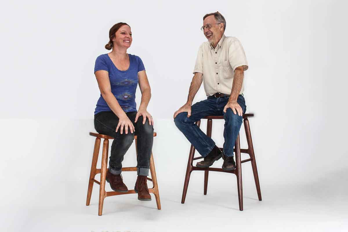 Autumn and Gary on barstools, 24" and 30"