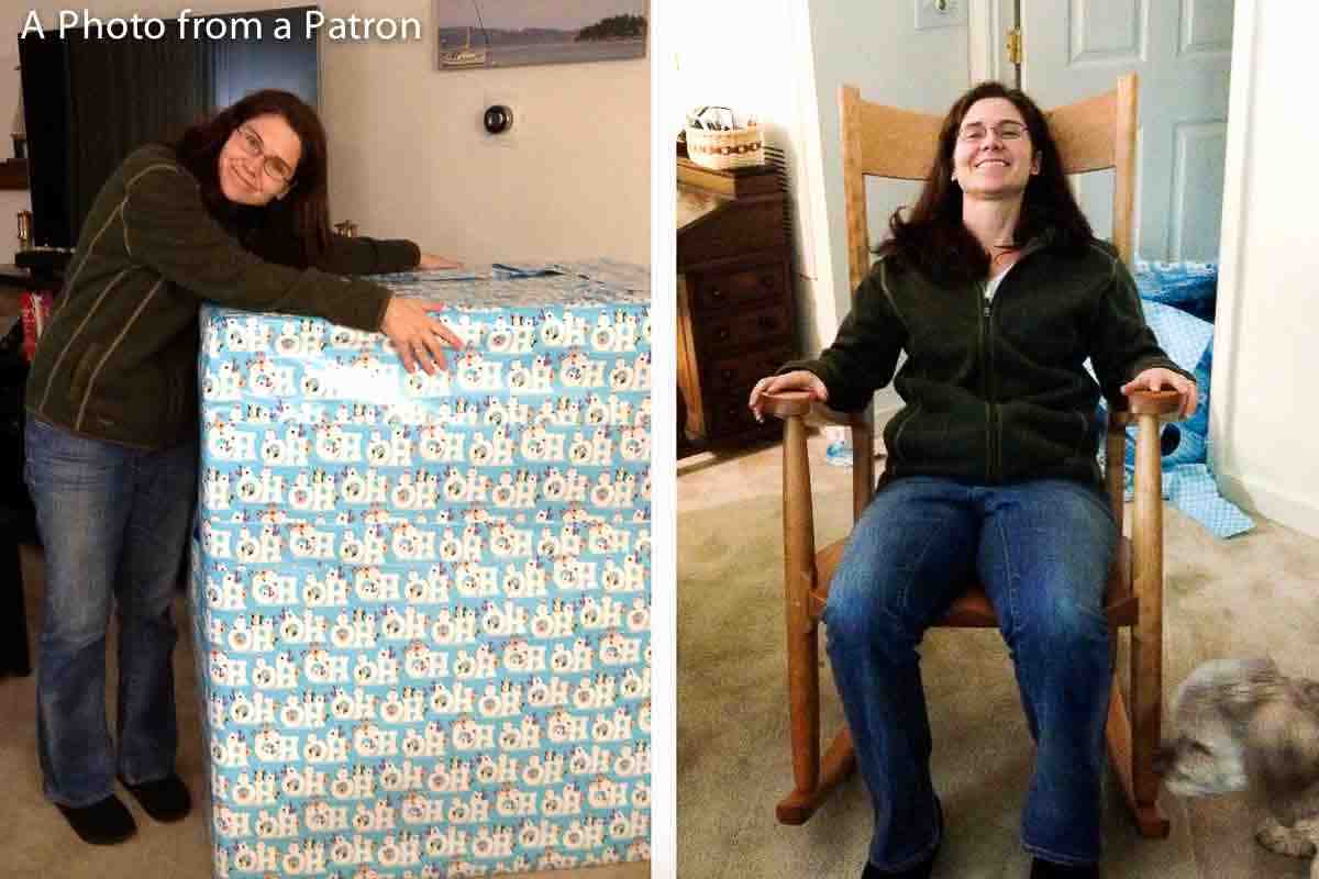 rocker in wrapped box and woman in rocker