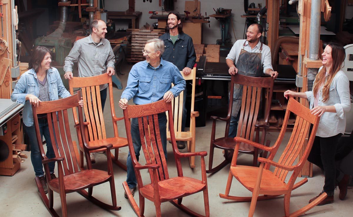Our staff in the shop. Six of us, each behind a rocking chair.