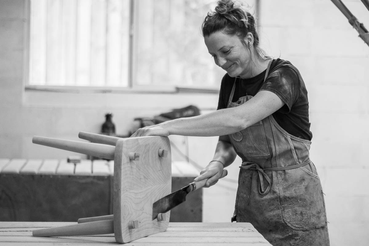 Autumn sawing through tenons on footstool top