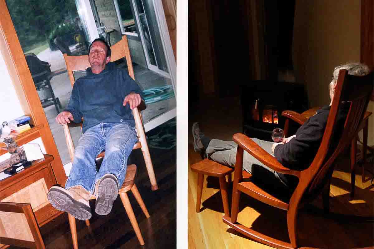 people relaxing in rocking chairs with footstools