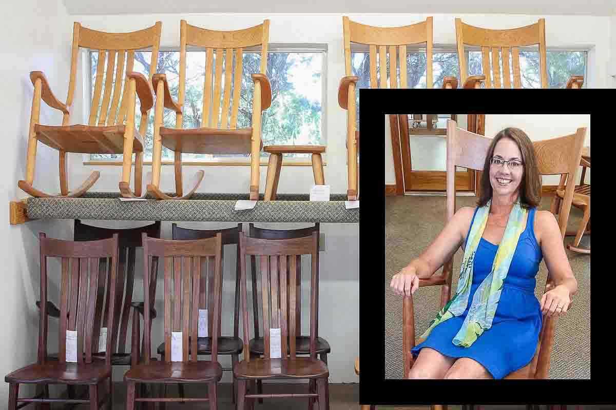 rocking chairs and smiling patron