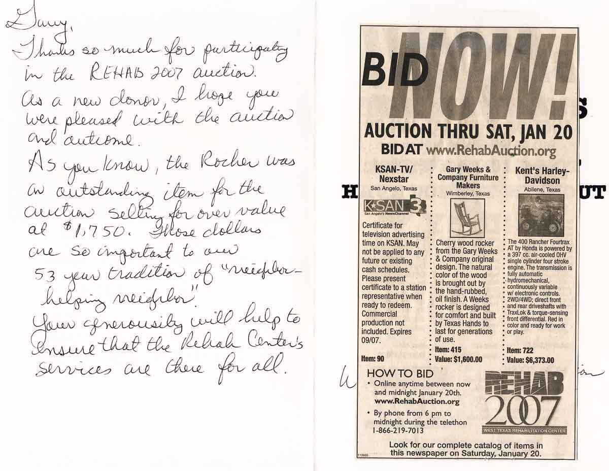 rocking chair for West Texas Rehab Center benefit