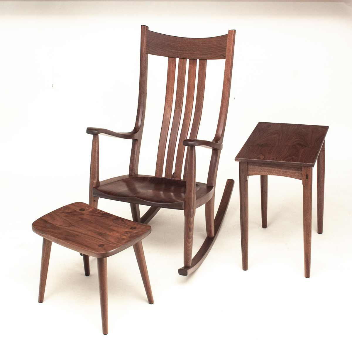 Walnut Rocking Chair, side table, and footstool