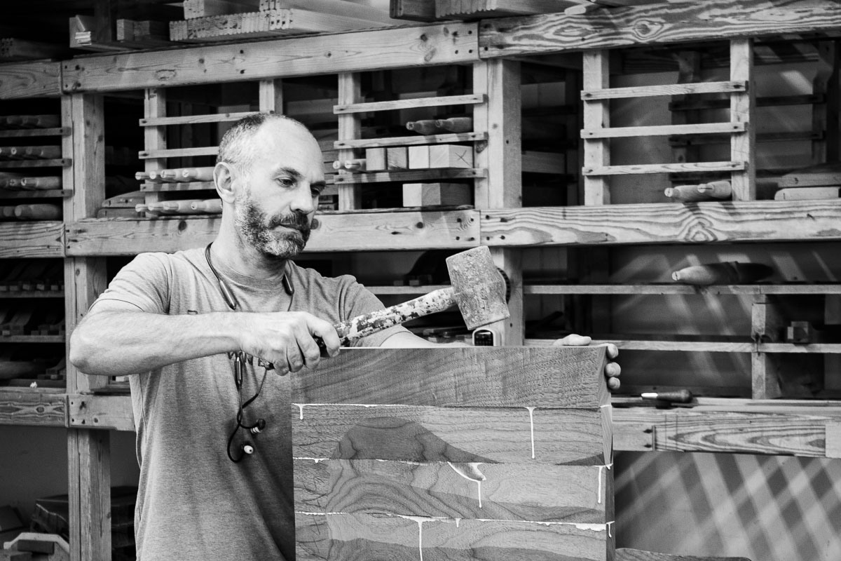 Austin laminating a rocking chair seat