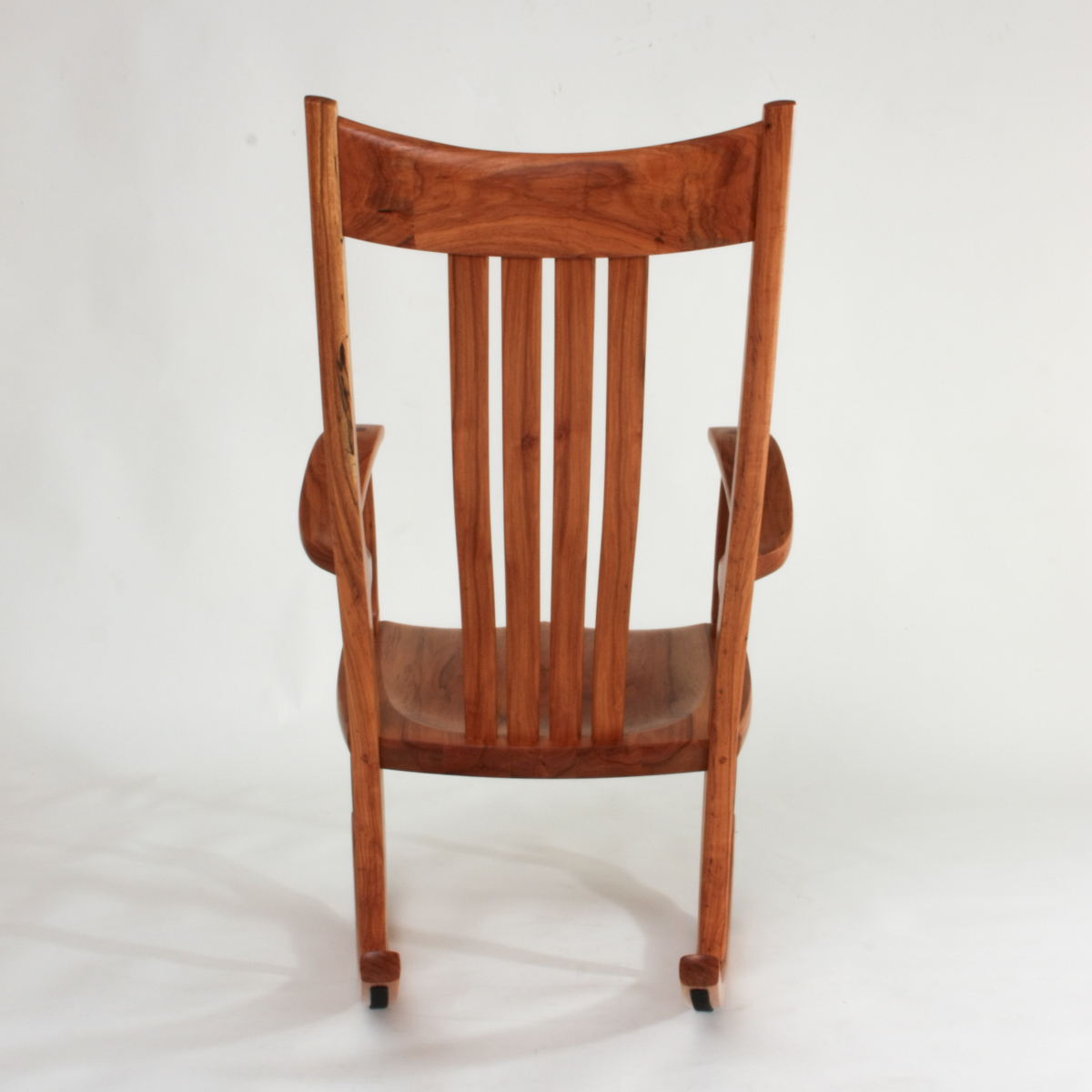 one of a kind Weeks Rocker in pecan in our studio with full and square back view.