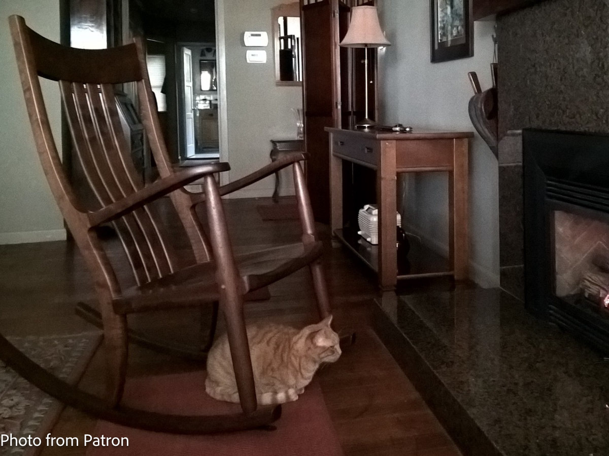 Walnut Rocking Chair, cat, and fireplace
