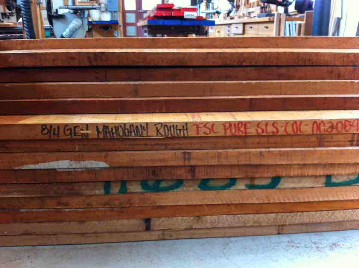 bundle of FSC mahogany lumber in the shop