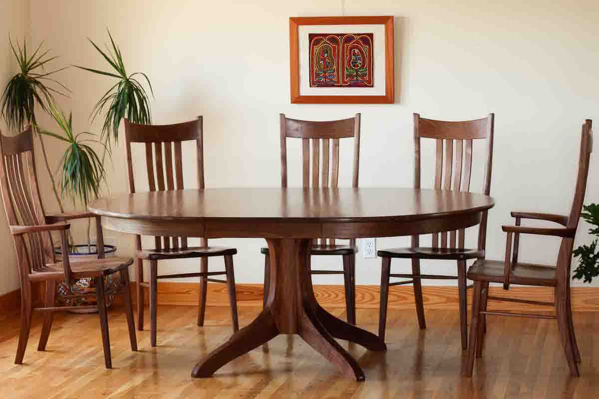 Johnson pedestal table, leaf in place, 5 chairs