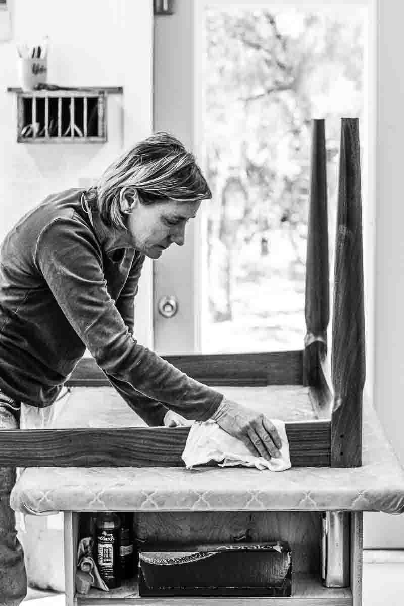 Kitty finishing a Paschall table base