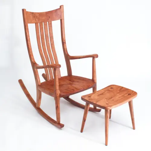 Matching pecan set, footstool and rocking chair, sold together.
